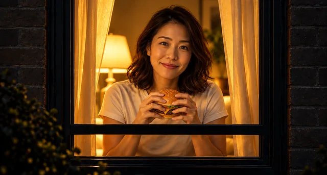 Fictional person holding a burger at a warmly lit apartment window at night