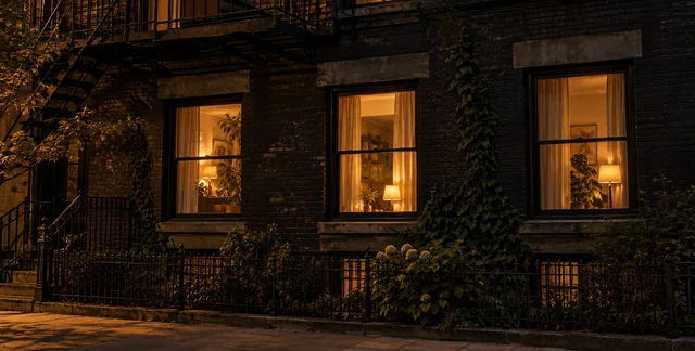 Fictional person holding a burger at a warmly lit apartment window at night
