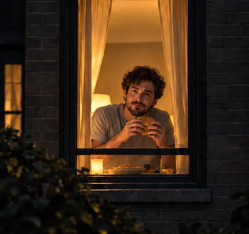 Fictional person holding a burger at a warmly lit apartment window at night